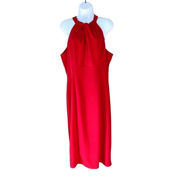 JULIA JORDAN Dress Twist Halter Neck Sleevless Midi Crepe Sheath Keyhole Red 14 - Picture 2 of 10